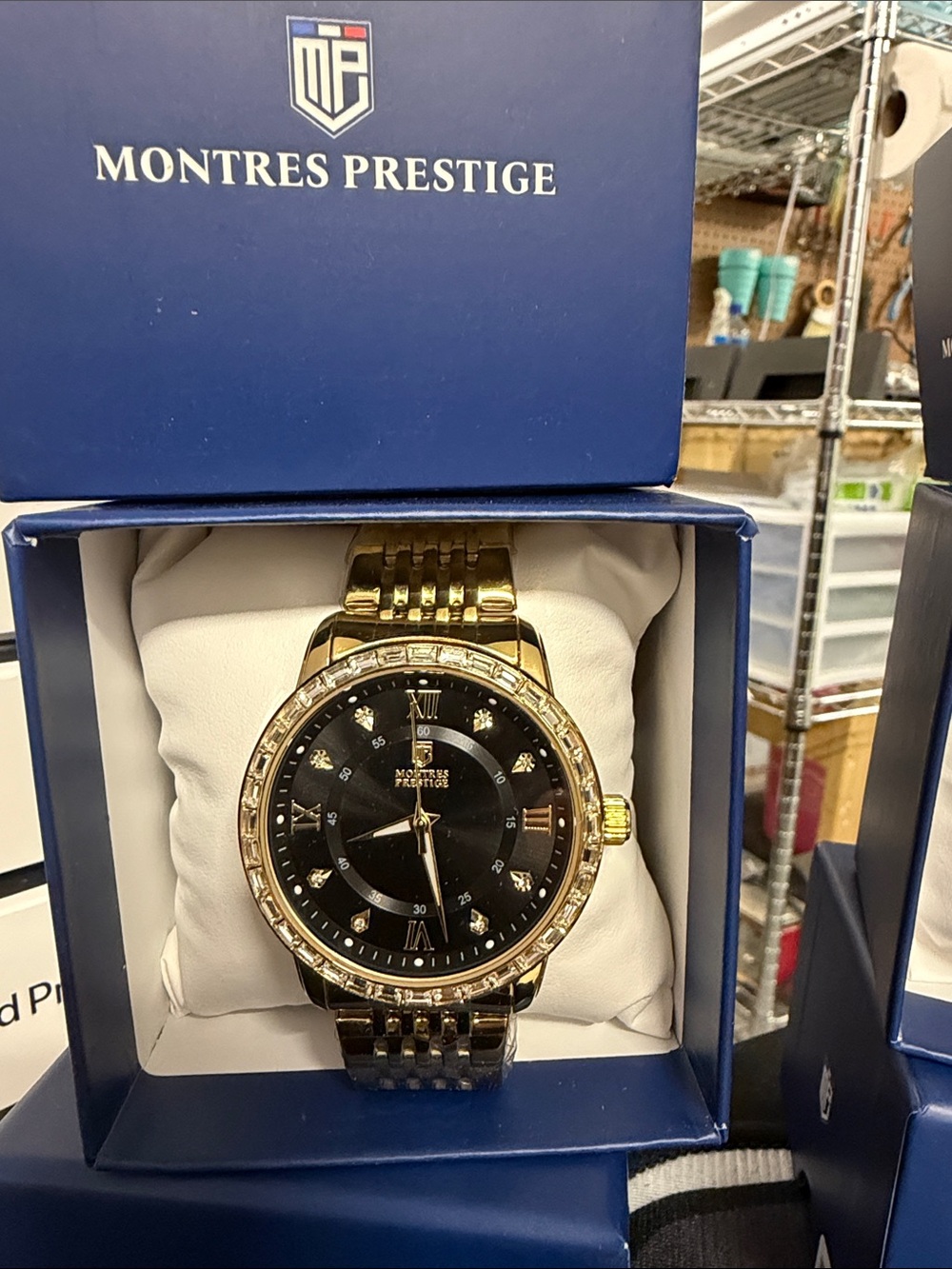Montres Prestige Gold-Tone Black Dial Watch